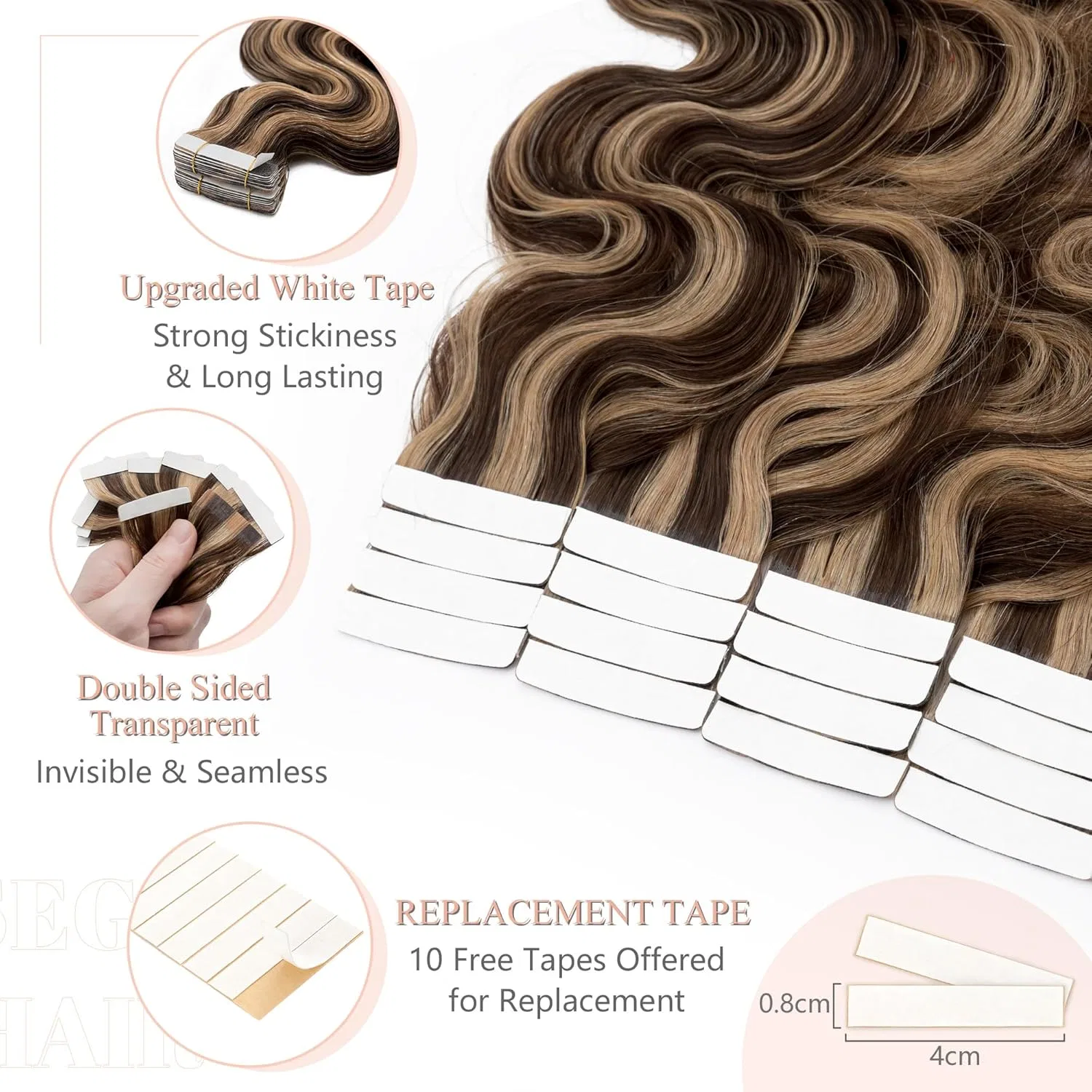 Волнистые накладные волосы на лентах SEGO из натуральных волос Sego, Medium Brown/Honey Blonde #4P27 Natural Waves — фото 3