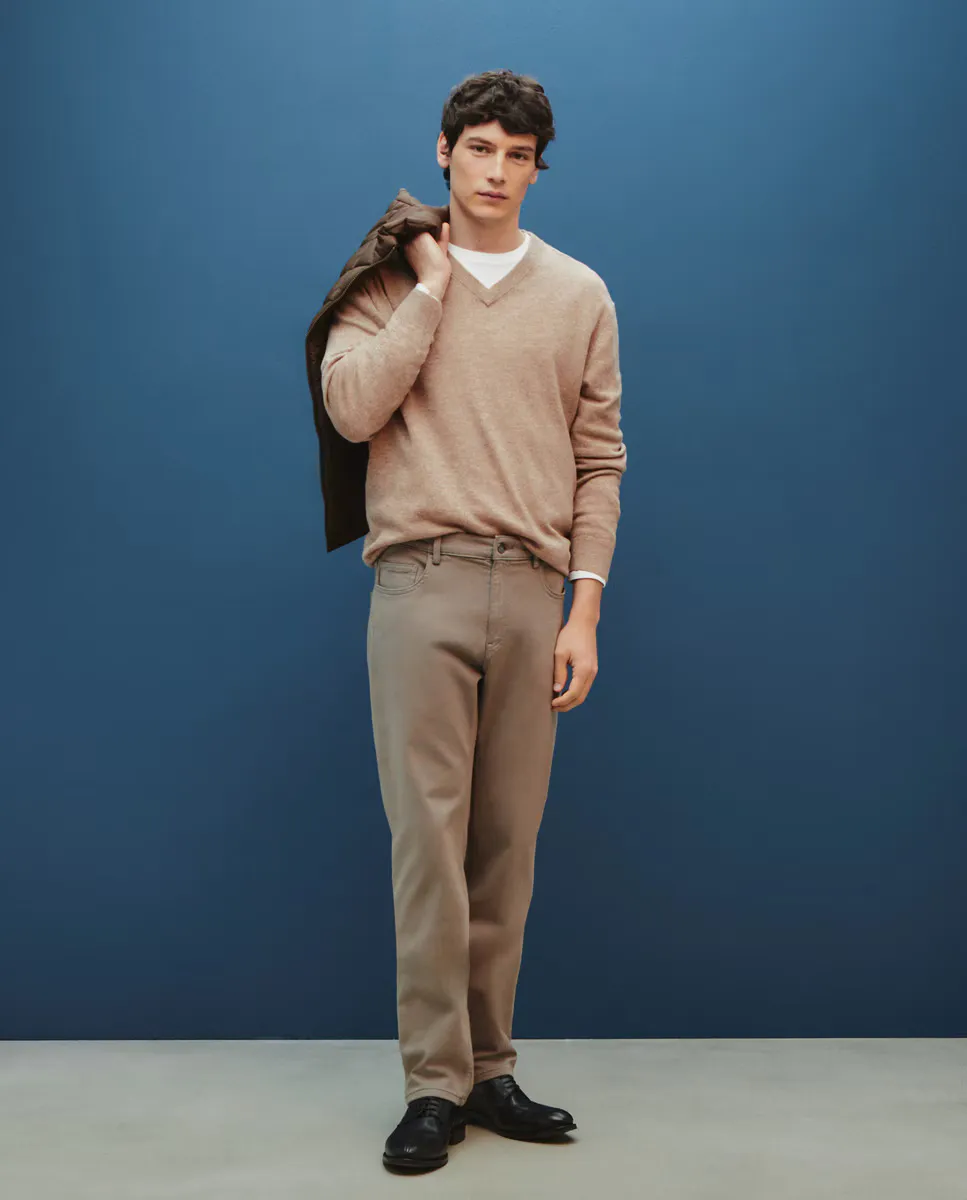 

Однотонный мужской свитер с V-образным вырезом из 100% овечьей шерсти Dustin, бежевый