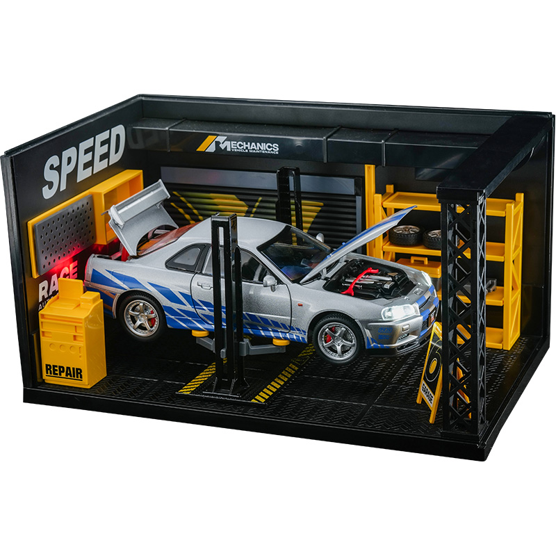 

Chi Yu Car Play 1 24 Skyline GTR R34 сборная модель автомобиля из сплава CHIYUCHEWAN, Nissan Skyline GTR серебряный синий Stripes+Service Workstations Scenario