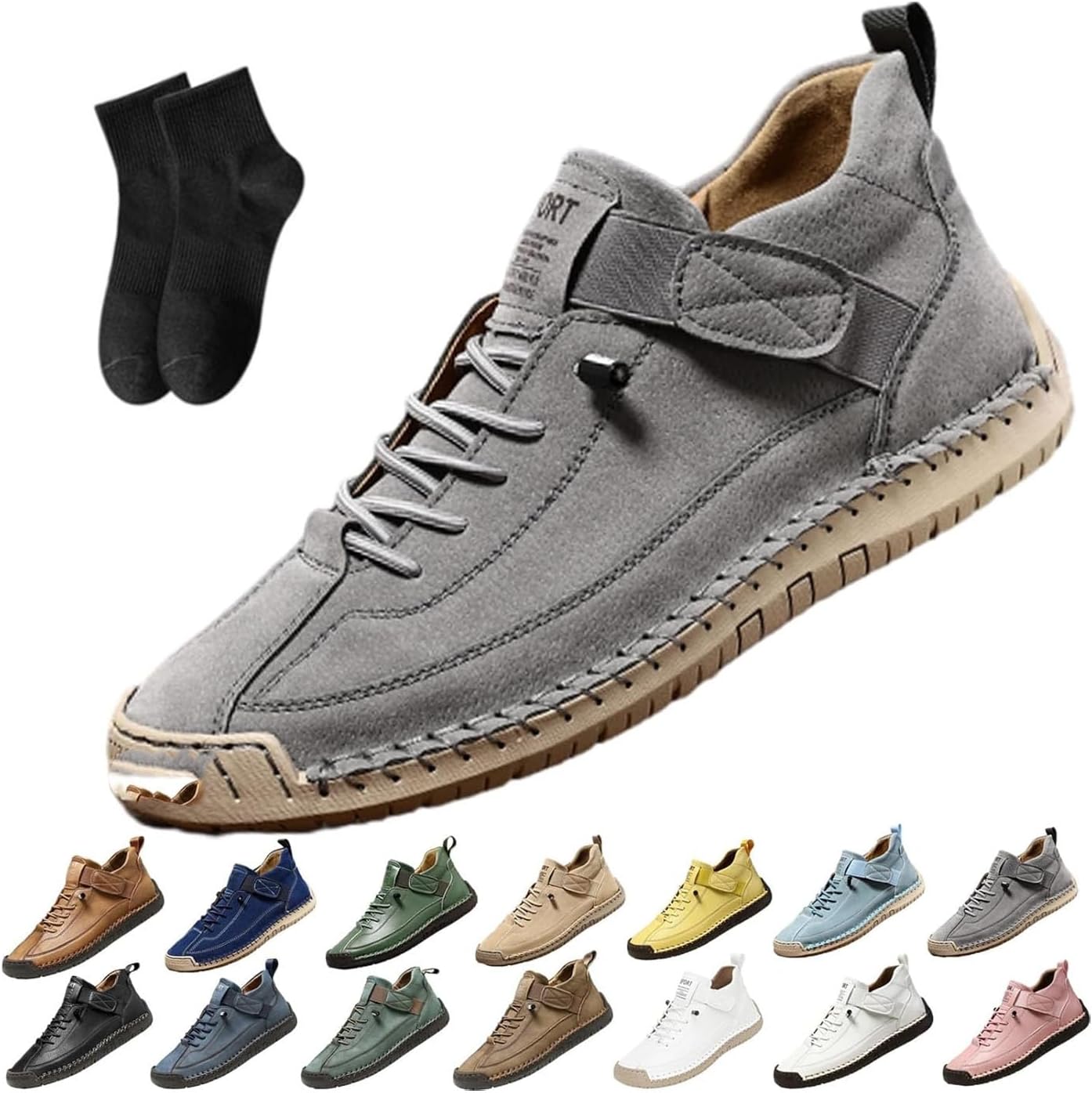 

Женские кожаные кроссовки, женская ручная работа кожаные ортопедические удобные туфли - поддержка свода стопы, регулируемые комфортные ортопедические туфли, мягкие удобные слипоны Noworfewer, серый