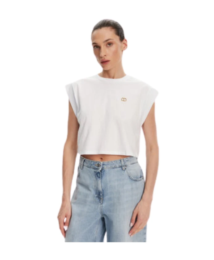 

Укороченная хлопковая футболка с металлическим логотипом Twinset, белый