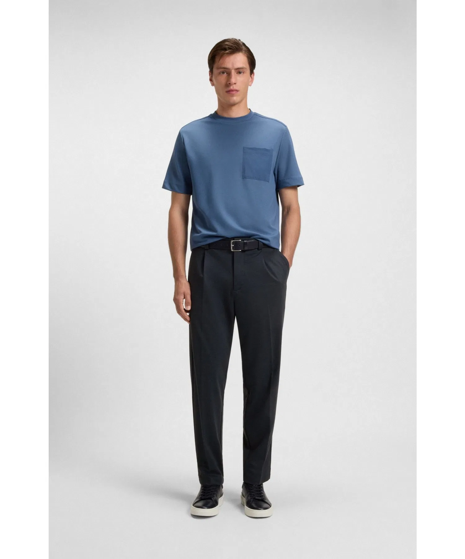 Мужские брюки BOSS Tapered Fit из меланжевого стрейч-твила тёмно-синие — фото 4