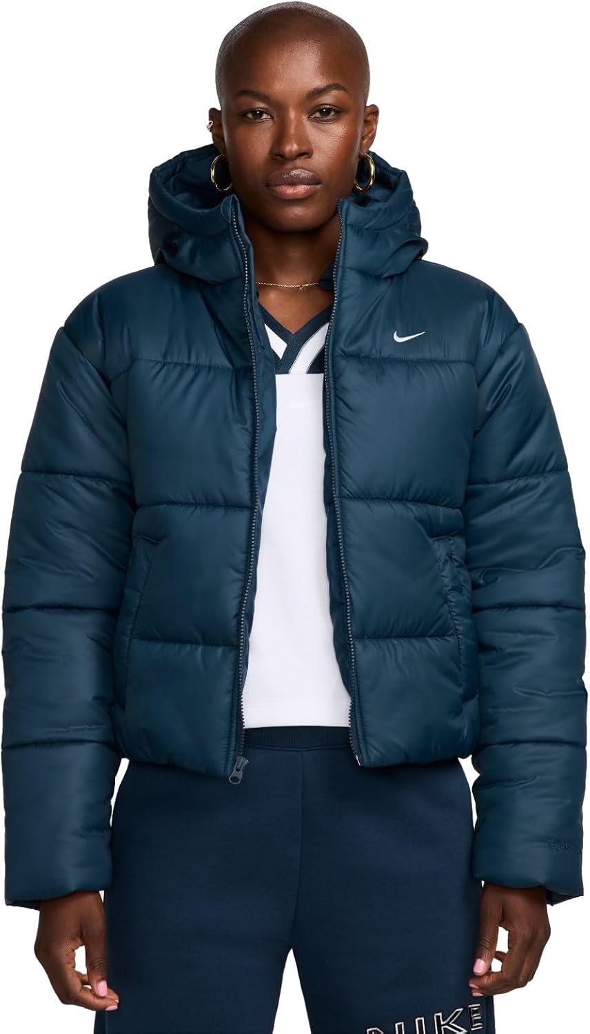 

Nike Классическая пуховая куртка для женщин Therma-FIT с капюшоном свободного кроя (черно-белая, FZ5899-010), Armory Navy/White