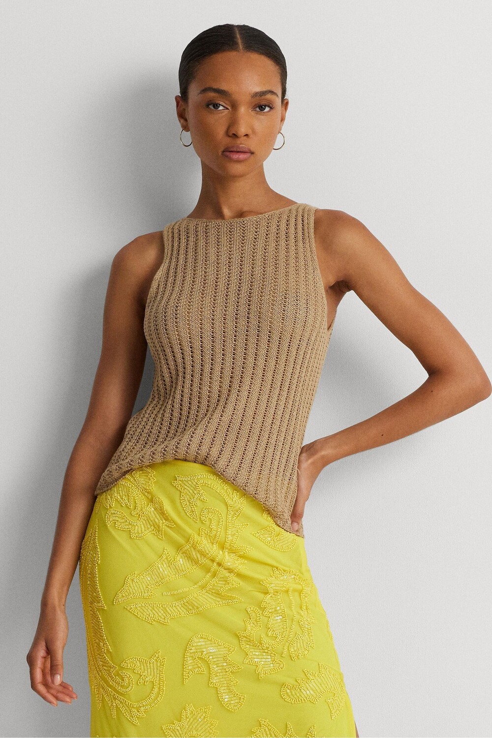 

Светло-Коричневый льняной свитер без рукавов в рубчик из галайса Lauren Ralph Lauren, коричневый