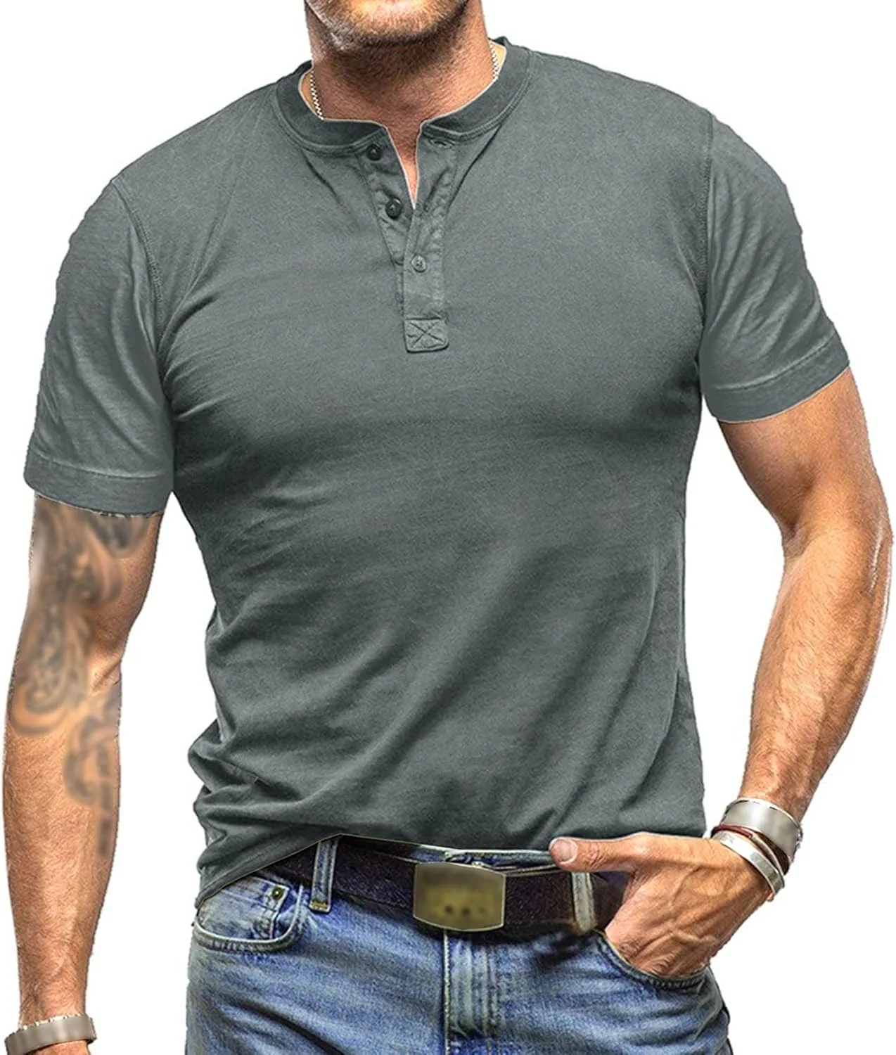 

Мужская тонкая футболка с круглым воротником и четвертью пуговиц Zylphorix