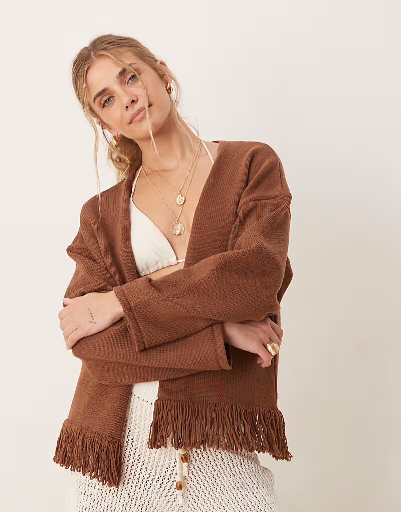 

Вязаный кардиган ASOS DESIGN от края до края с бахромой цвета ржавчины