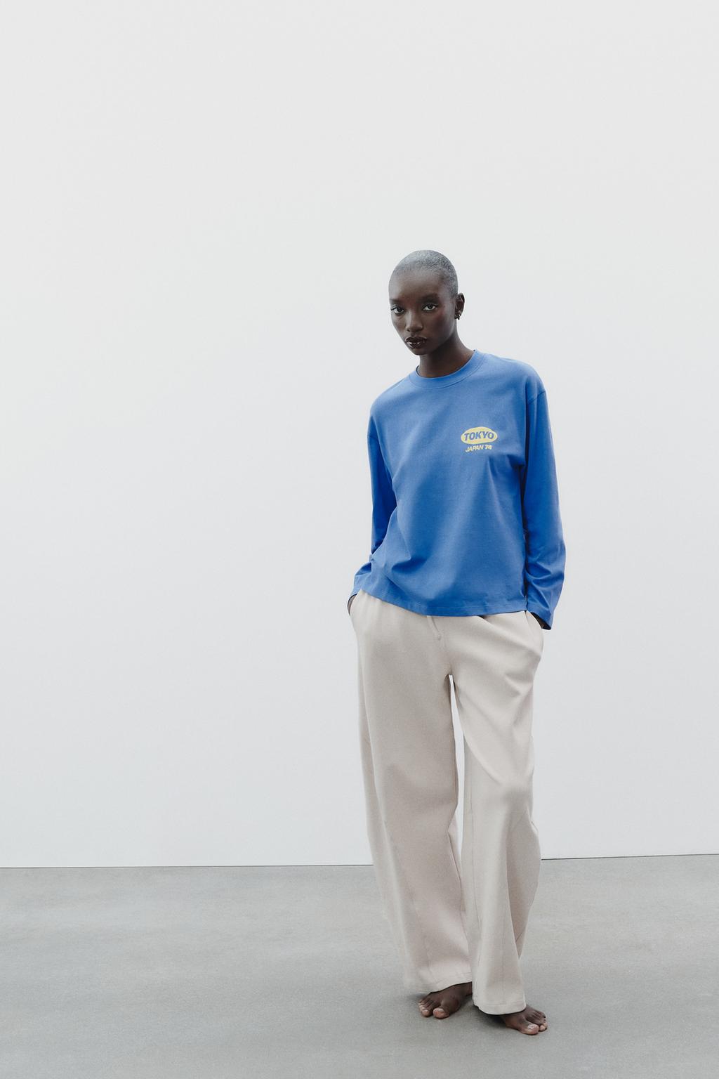 

Футболка с длинным рукавом и слоганом ZARA, цвет Electric blue