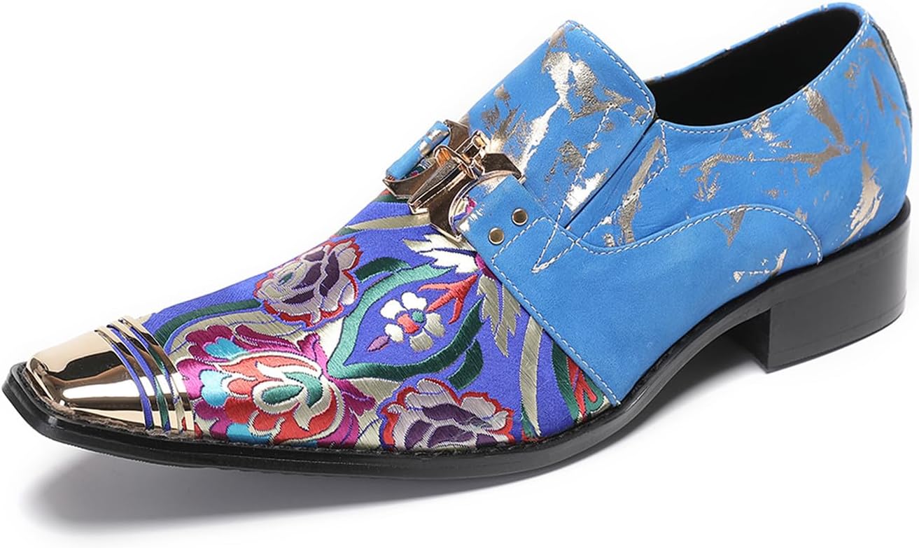 

Мужские кожаные слипоны Santimon - лоферы Penny с металлическим заостренным носком, повседневные вестерн-туфли с пряжкой и цветочной вышивкой для свадьбы, бара и вечеринки, синий