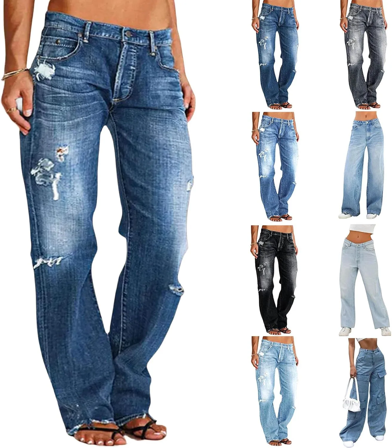 

Женские рваные джинсы Casual с потертостями, широкие, Mid Rise, Cargo, прямые, Boyfriend, Y2K Streetwear Wankang