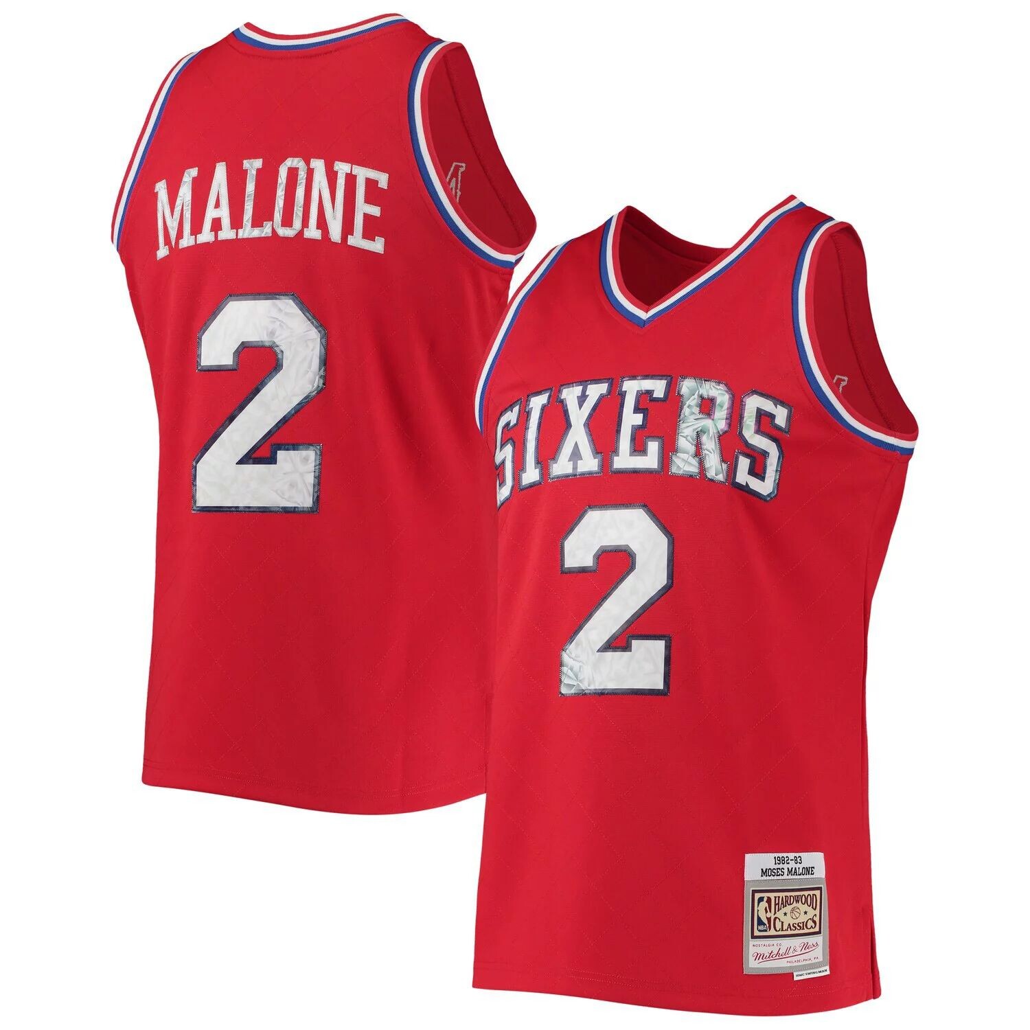 

Мужская майка Mitchell & Ness Moses Malone Red Philadelphia 76ers 1996-97 Hardwood Classics NBA Diamond Swingman, посвященная 75-летию НБА
