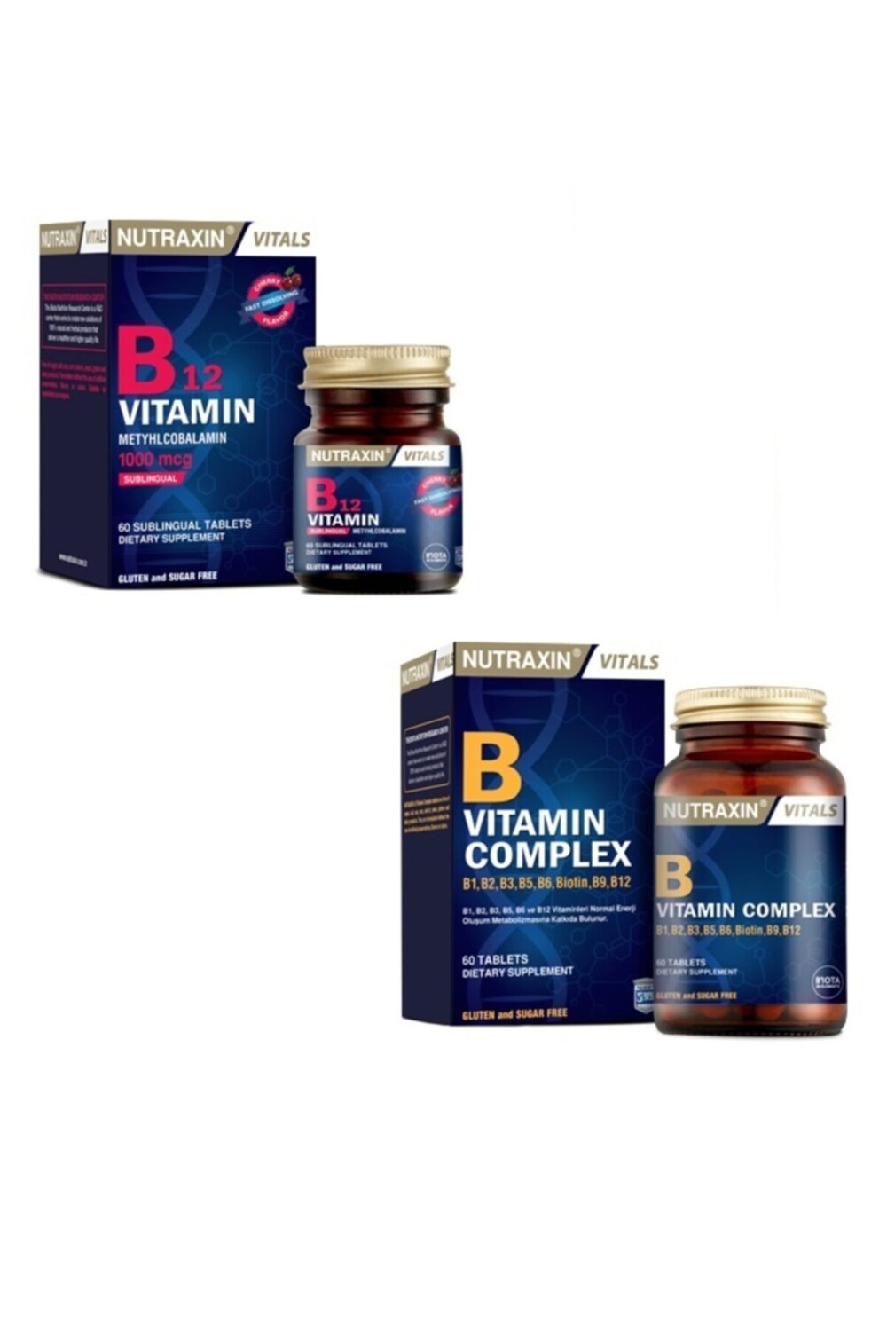 

Nutraxin Витамин B12 1000 мкг 60 подъязычных таблеток + витаминный комплекс B 60 таблеток, содержащих B1, B2, B3, B5, B6, B12
