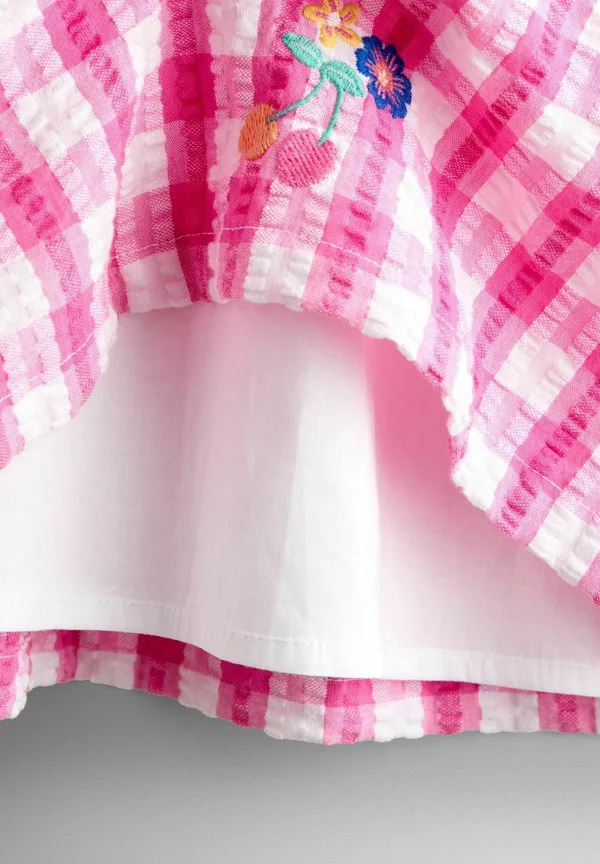 Платье в клетку с цветочным узором и вышивкой, прямого кроя. Jojo Maman Bébé, Bright Pink — фото 4