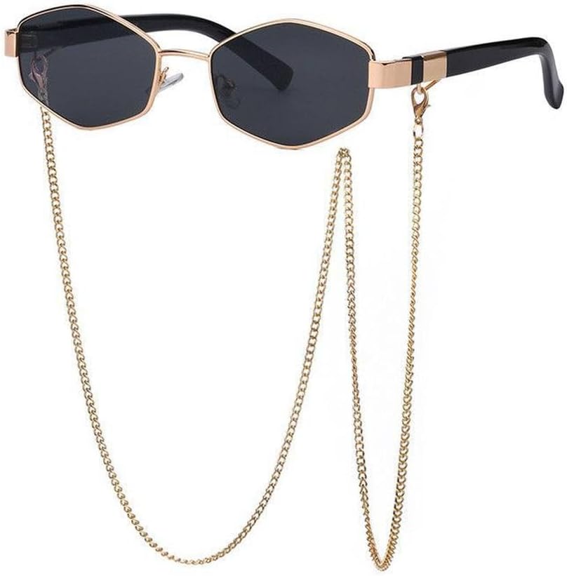 

Модные ретро-солнцезащитные очки в форме шестиугольника с цепочкой для женщин. Уникальные многоугольные солнцезащитные очки для женщин в маленькой оправе HYYZZC, C7goldblack