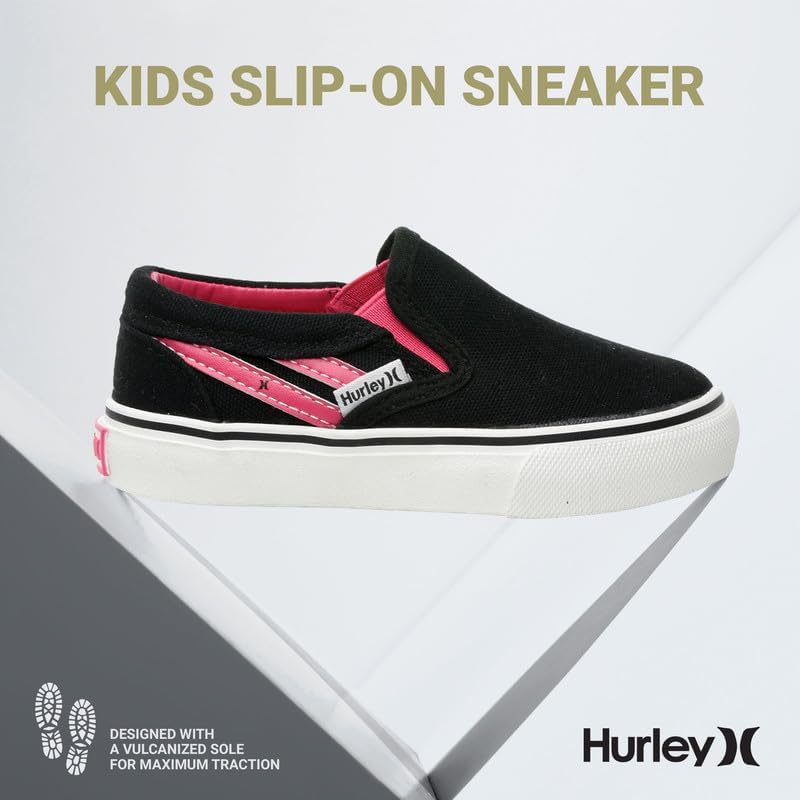 Детские слипоны Hurley из холщовой ткани - низкие кеды для скейтбординга для детей, спортивная обувь для мальчиков и девочек, повседневные кроссовки, черный/розовый — фото 2