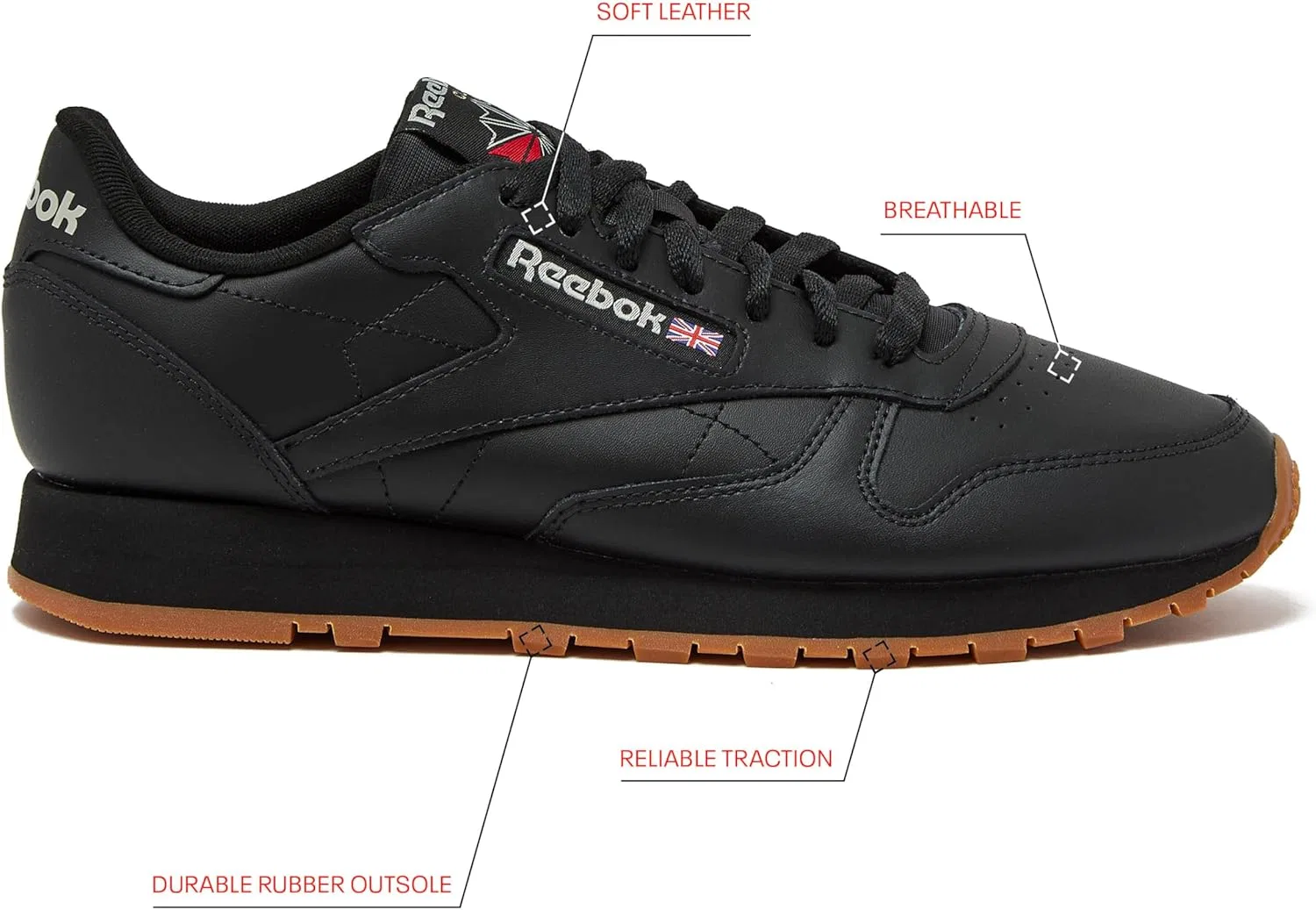 Кроссовки Reebok Unisex Klassiek Leer, Core Black Pure Grey5 Reebok Gum3 — фото 2