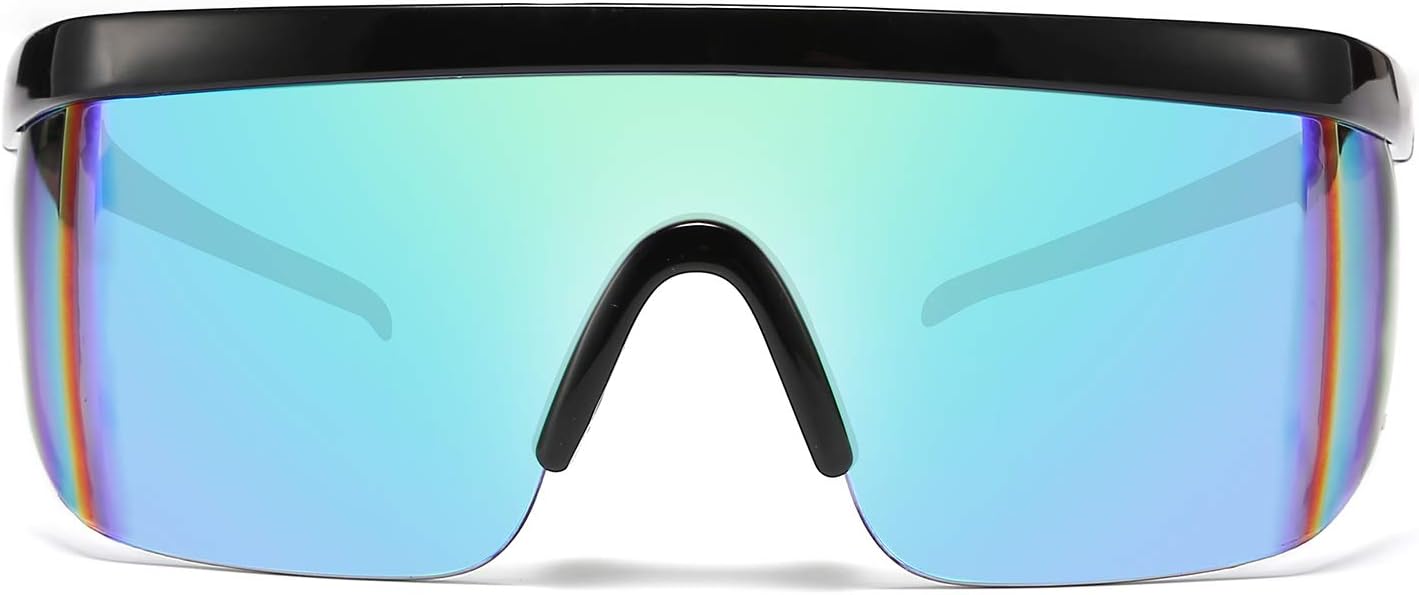 

FEISEDY Большие зеркальные спортивные солнцезащитные очки в стиле 80-х, горнолыжные очки с плоским верхом, цельные, футуристический козырек, для женщин и мужчин, B2522, Bright Black Frame Green Mirrored Lens