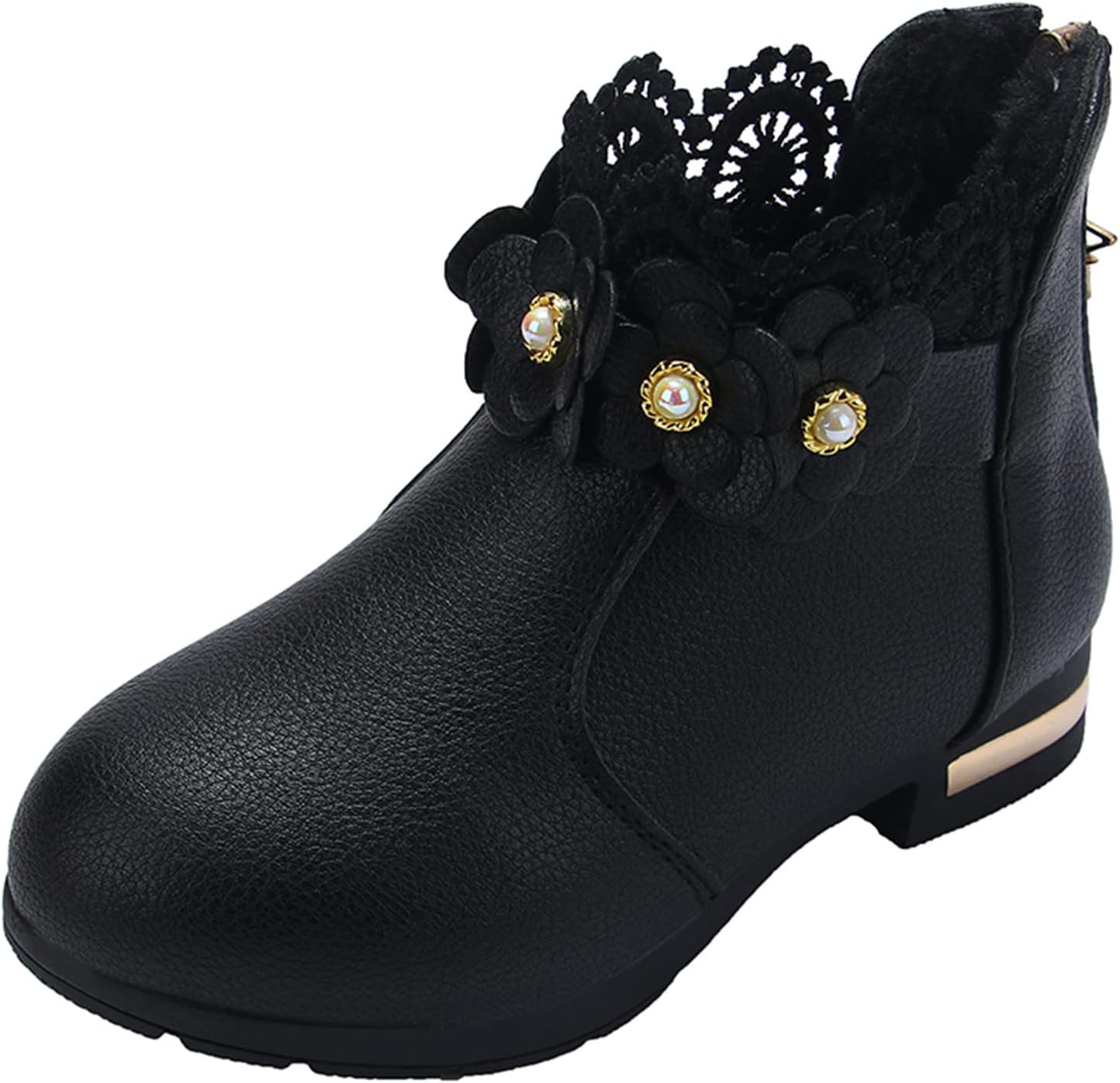 

Детские модные ботильоны для девочек с низким каблуком, короткие ботинки на щиколотку с жемчугом, кружевом и цветочным декором, с молнией Generic, Black