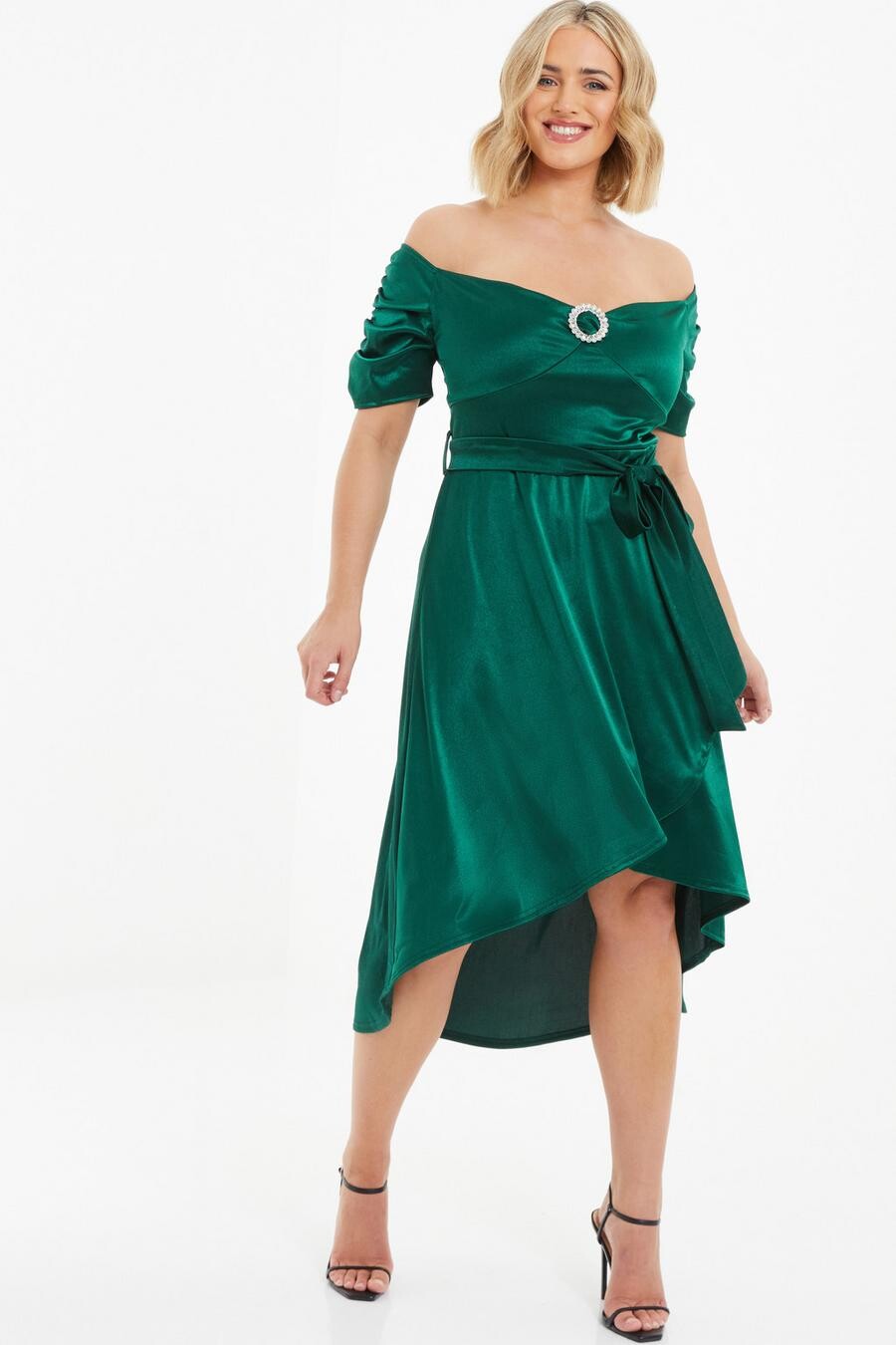 

Платье-миди Curve Bottle Green с атласным подолом QUIZ Clothing