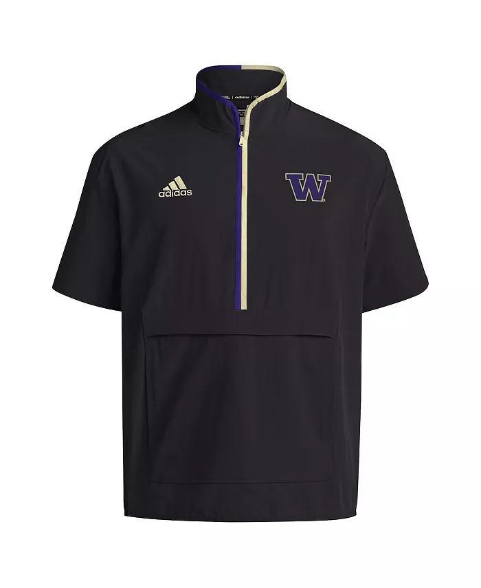 Мужская черная короткая куртка на молнии с короткими рукавами Washington Huskies 2024 Coaches Sideline adidas — фото 2