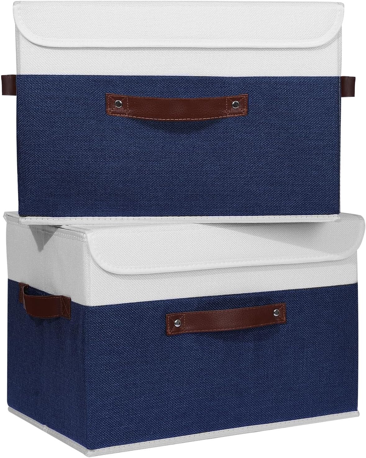 

ANMINY 2PCS Коробки для хранения с крышкой Моющаяся декоративная корзина для хранения с ручкой из искусственной кожи Складной контейнер для хранения из льняной ткани для домашнего органайзера для шкафа - темно-синий белый, большой размер, Deep B...