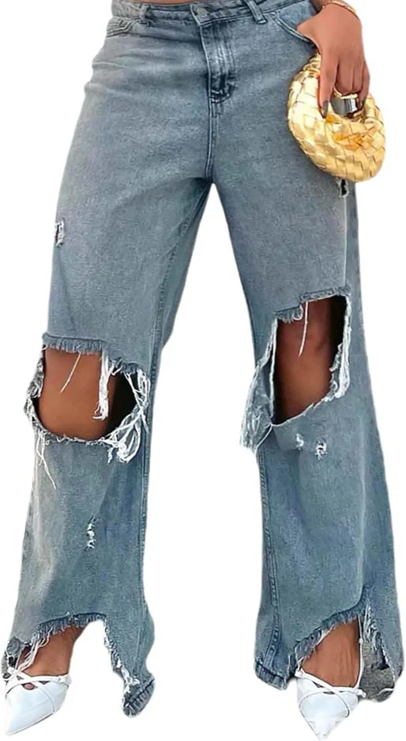 

Женские рваные джинсы с широкими штанинами Casual High Waisted Distressed Raw Hem QLAUYIOE