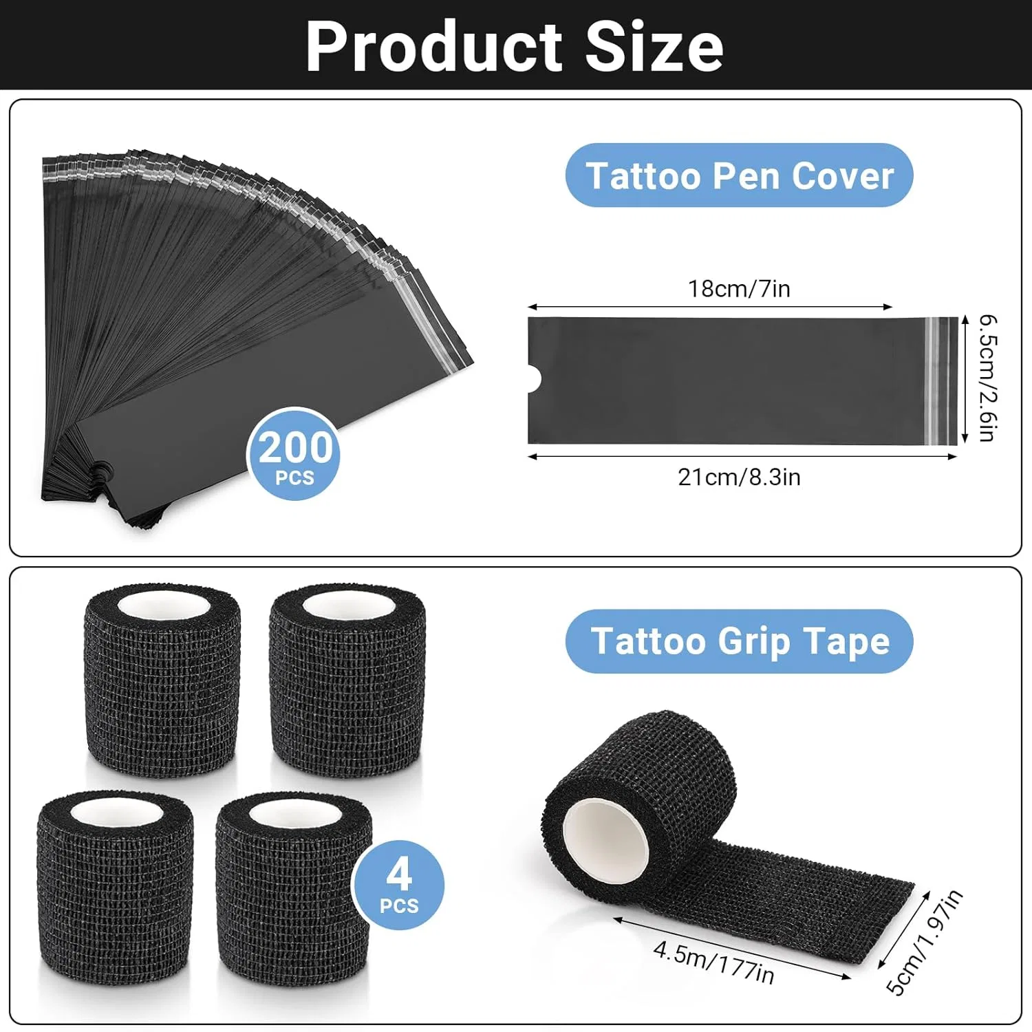 Набор аксессуаров для тату Segbeauty: 4 рулона ленты и 200 чехлов для ручек Segbeauty, Black Tattoo Pen Bags + Grip Tapes — фото 2