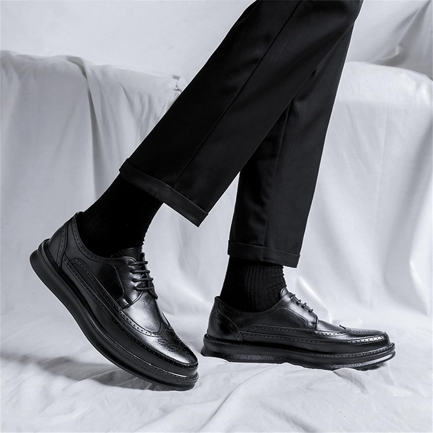 Мужские кожаные оксфорды с перфорацией Wingtip, дышащие, на шнуровке, с противоскользящей резиновой подошвой, ортопедическим комфортом для деловой одежды Jhfdioy, черный — фото 3