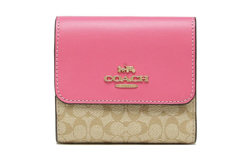 

Кошелек-книжка из холста с кожаным монетницей женский хаки и розовый COACH