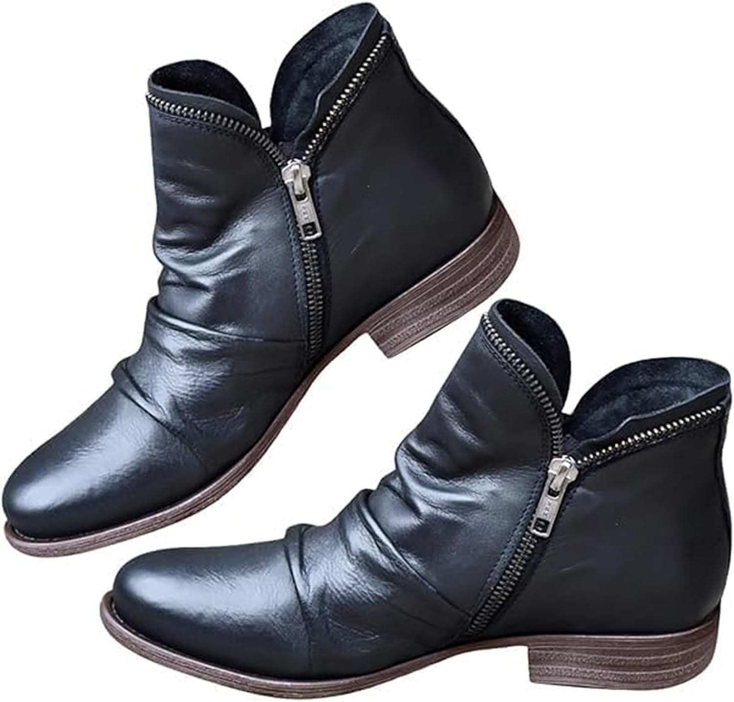 

Женские ботильоны с низким каблуком, круглый носок, двойная молния, короткие ботинки, винтажная кожа, амортизирующая, удобная обувь на плоской подошве, с легким надеванием Baxtayel, черный