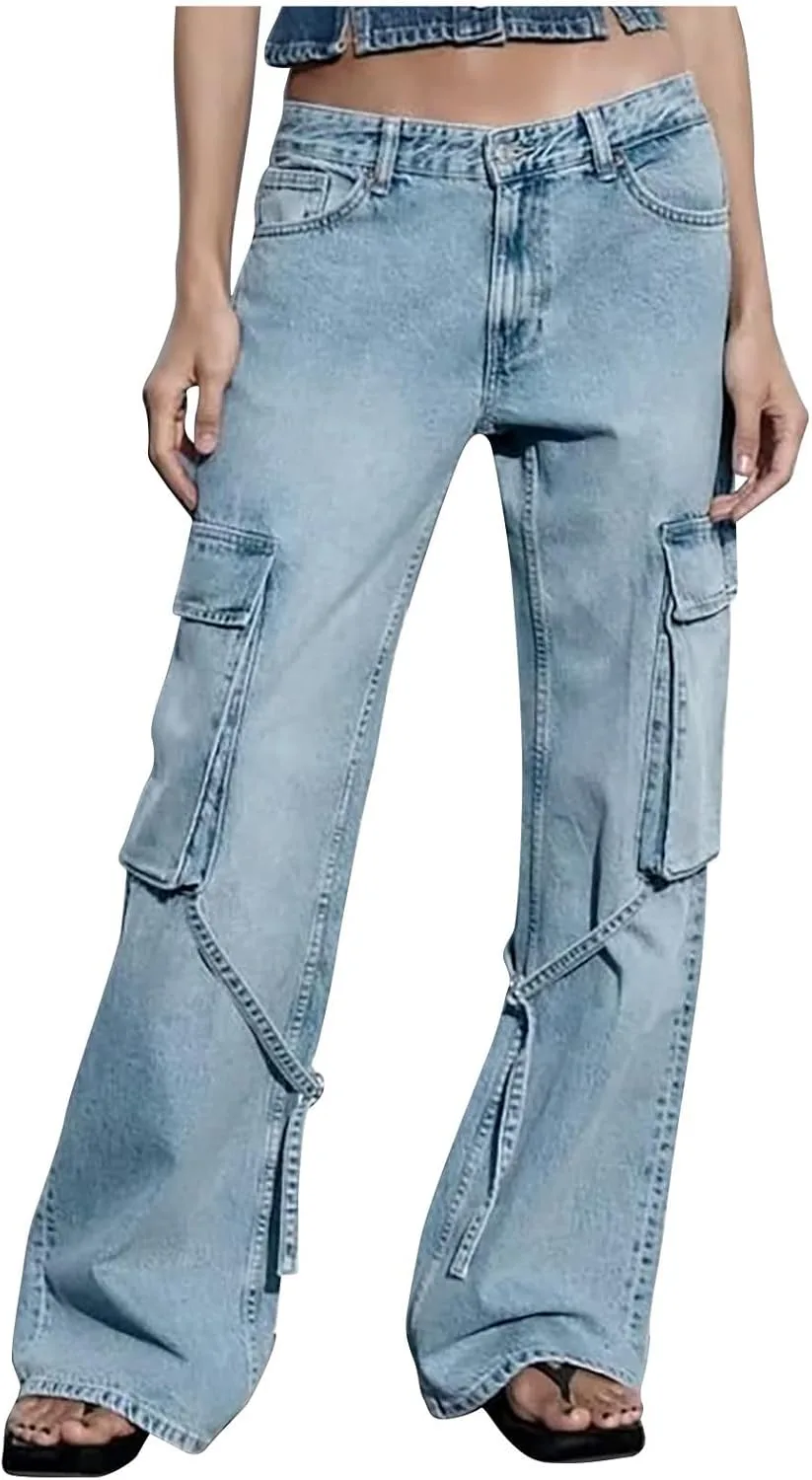 

Женские мешковатые джинсы Y2k Cargo Denim Pants с карманами, высокий пояс, летний стиль