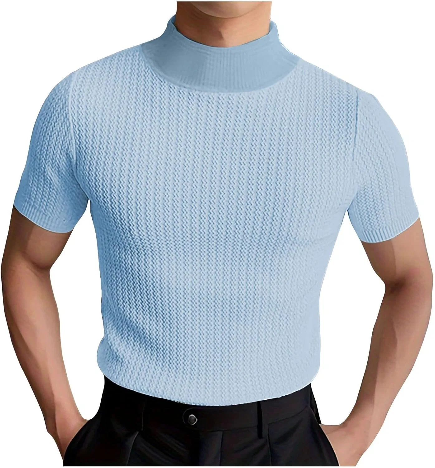 Футболка с воротником-стойкой, короткий рукав, спортивная, Ribbed Knit, синяя