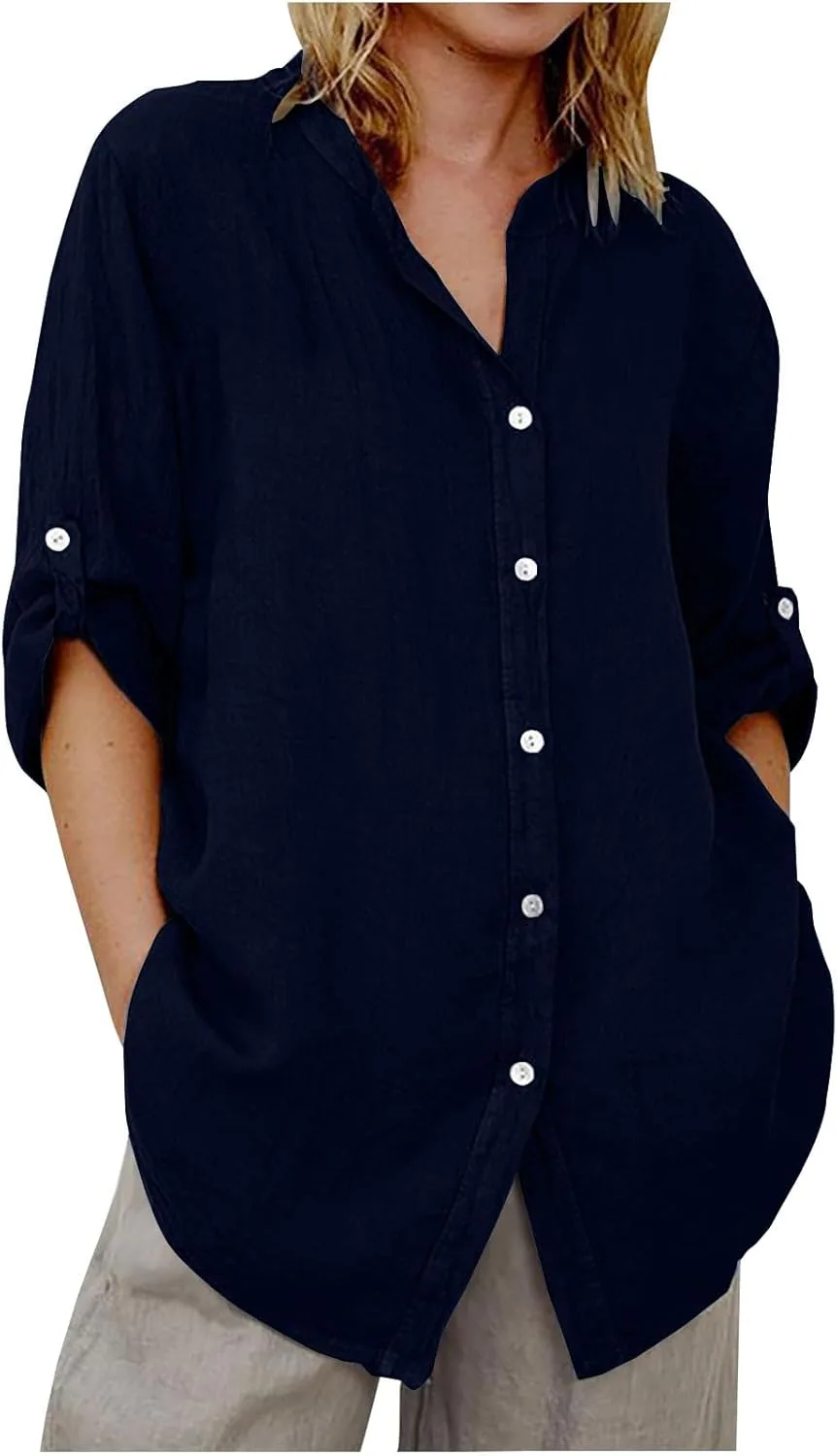 

GOKKILRW женская льняная рубашка Casual Oversized с закатанными рукавами