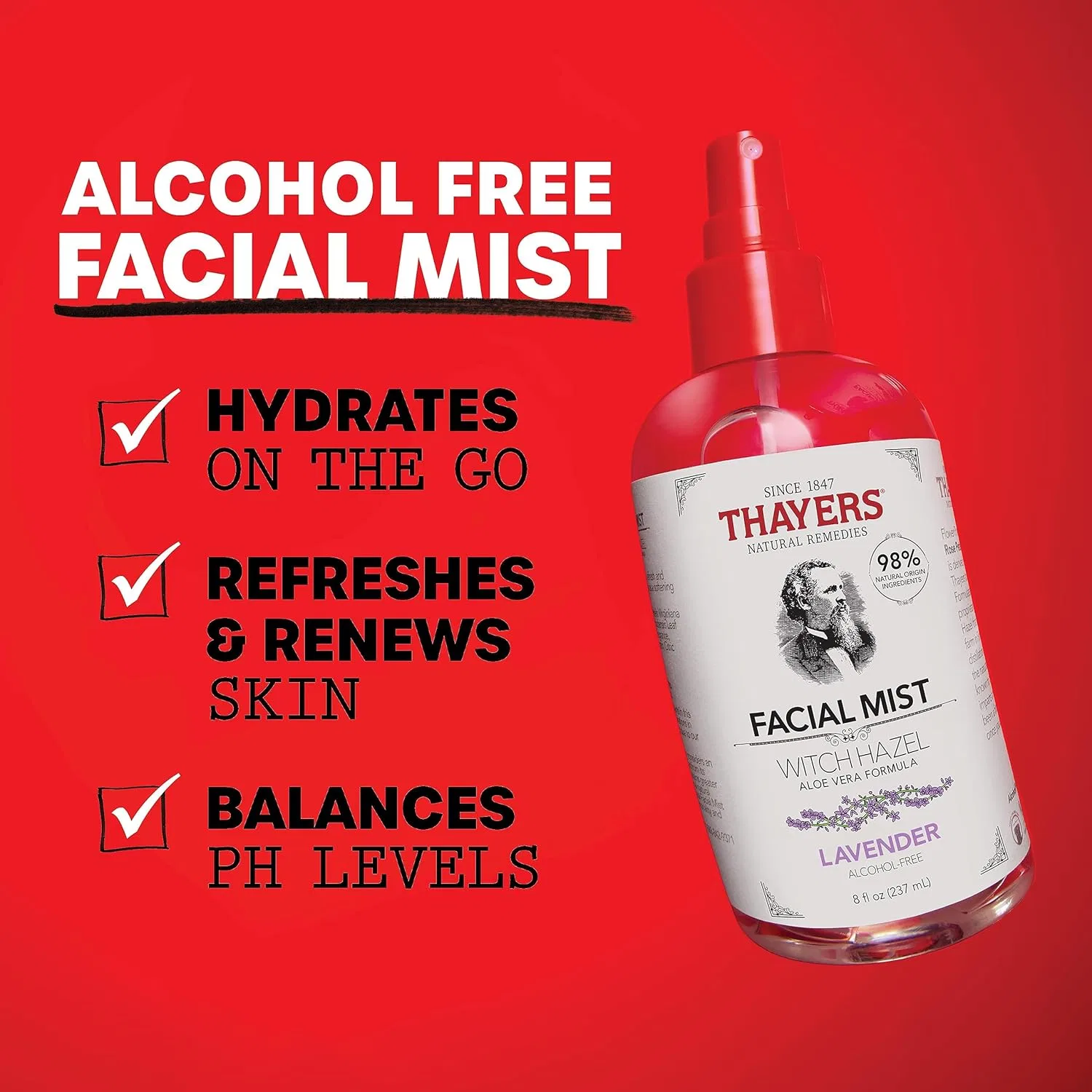 Спрей для лица «Mild Witch Hazel Lavender» с алоэ вера 237 мл от Thayers Thayer'S, Lavender — фото 2