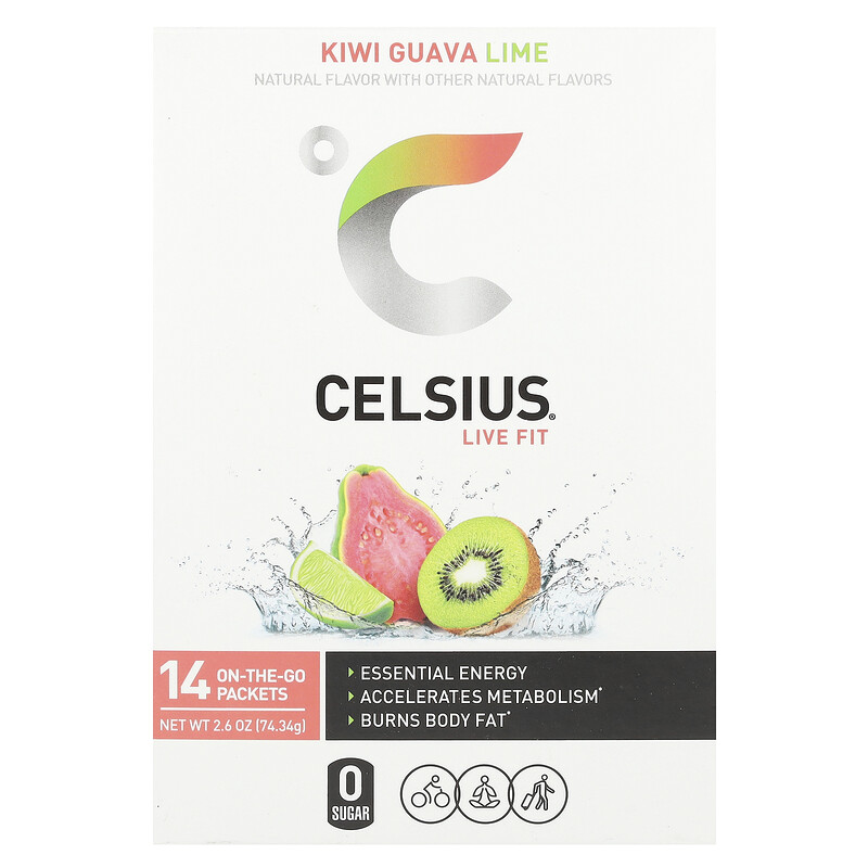 

Celsius, Live Fit, киви и гуава, лайм, 14 пакетиков, по 5,31 г (0,19 унции)