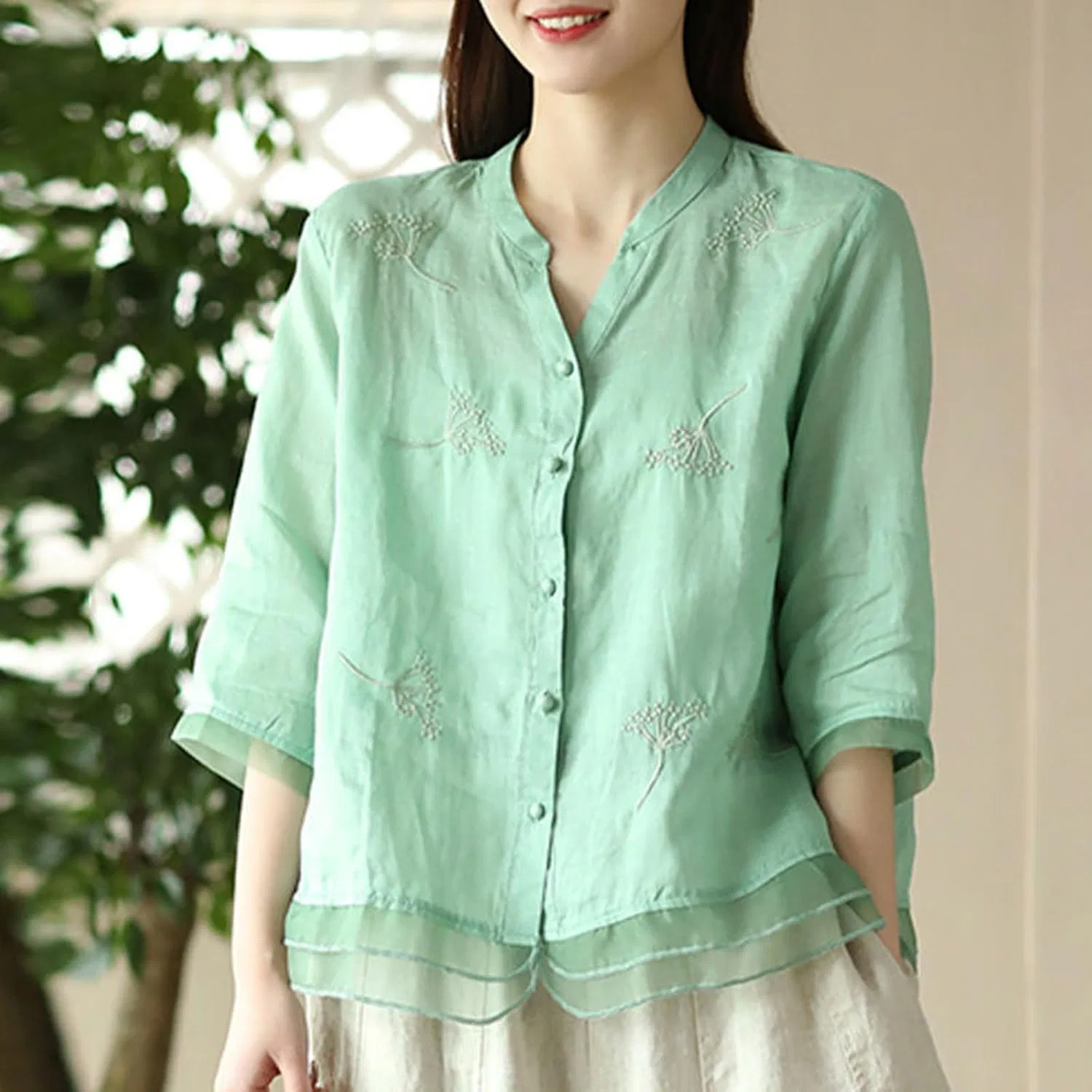 Футболка с цветочным принтом, Cotton Linen, зеленый — фото 2