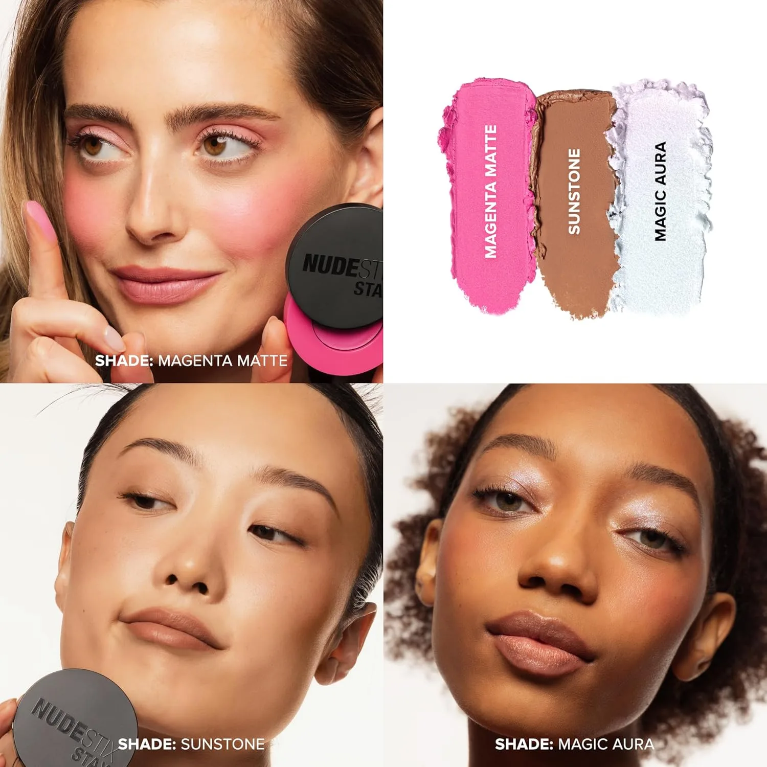 Кремовые румяна Nudestix STAX All Over Color Blush Balm - многофункциональные кремовые румяна для щек, глаз и губ с мягким матовым финишем., Magic Aura, Magenta Matte, Sunstone — фото 4
