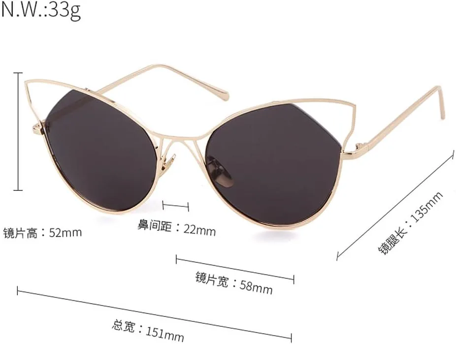 

Солнцезащитные очки LVTFCO Hollow Cat Eye для женщин, винтажные солнцезащитные очки в металлической оправе с зеркальными линзами, защита от УФ-излучения UV400, C3