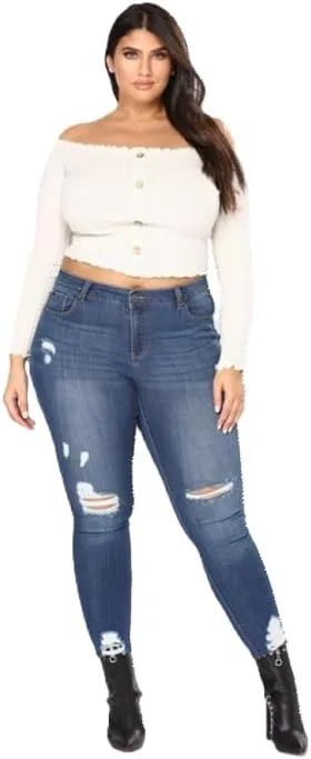 

Женские джинсы скинни с высокой талией и потертостями, Plus Size, синие