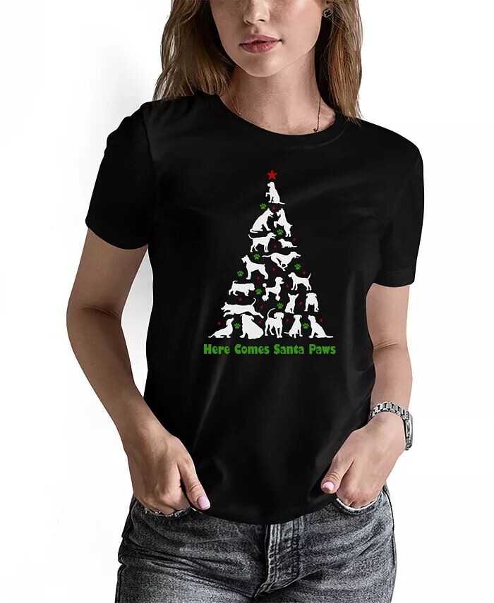 

Женская футболка с круглым вырезом и надписью Here Comes Santa Paws LA Pop Art, черный