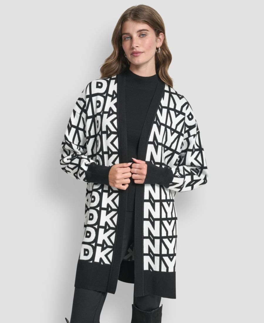 

Женский кардиган с логотипом Repeat и открытым передом DKNY, Black/Ivory