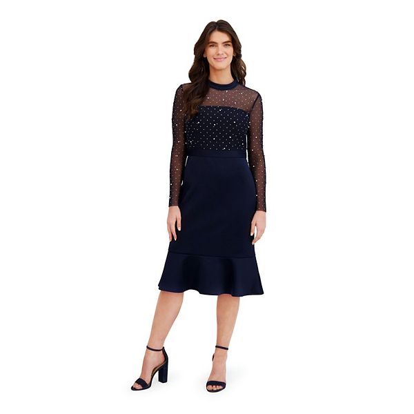 

Женское платье миди с рукавами-иллюзиями и воланами по подолу London Times, Navy