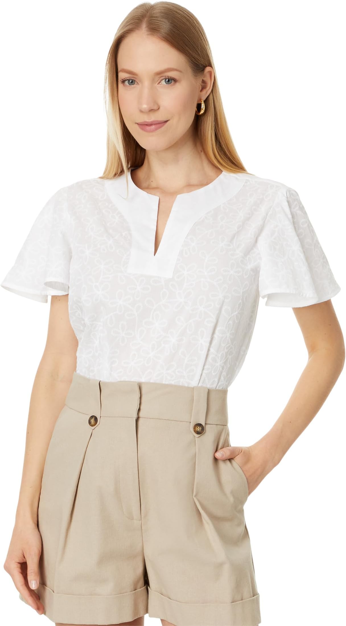 

Топ Tommy Hilfiger Embroidered Flutter Sleeve Top, цвет Bright White/Bright White