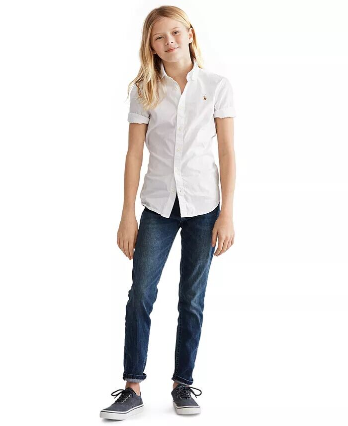 

Однотонный топ Oxford с короткими рукавами для больших девочек Polo Ralph Lauren, белый