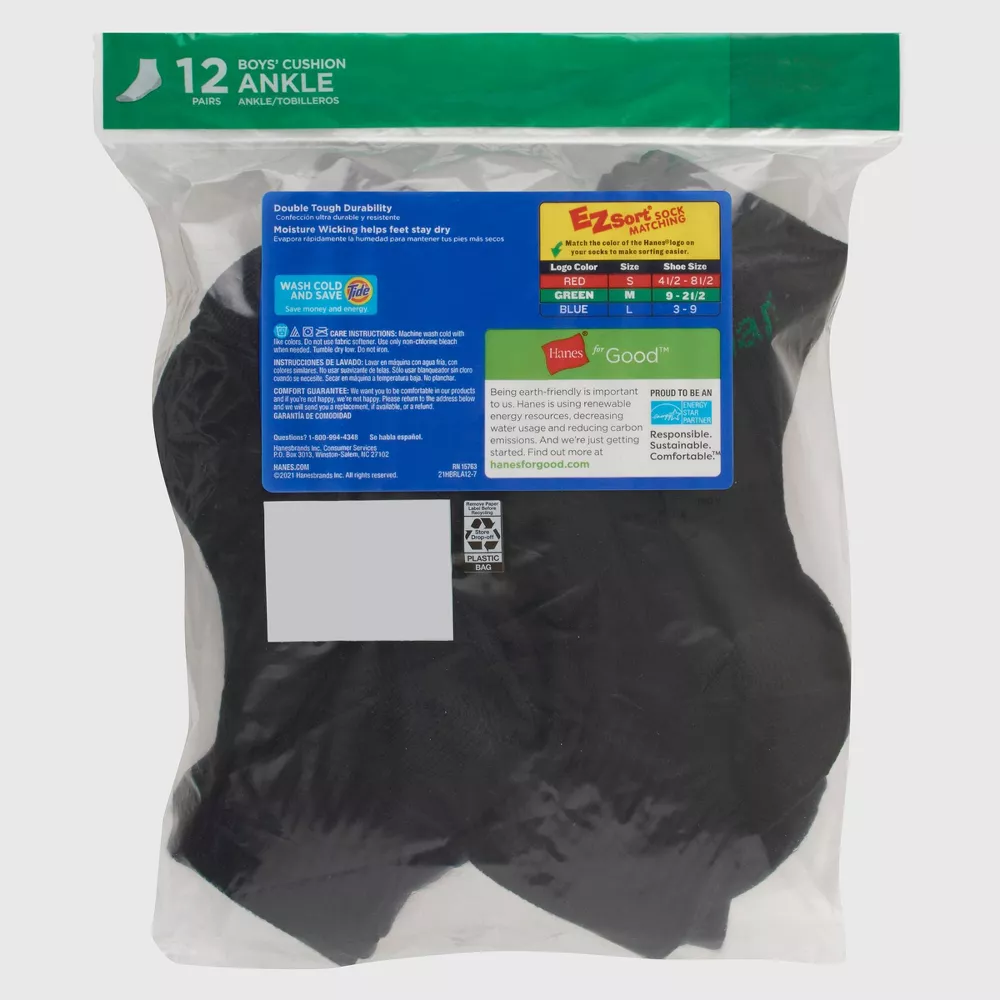 Носки Hanes Boys' 12pk с мягкой подошвой для занятий спортом, цвет Black — фото 3