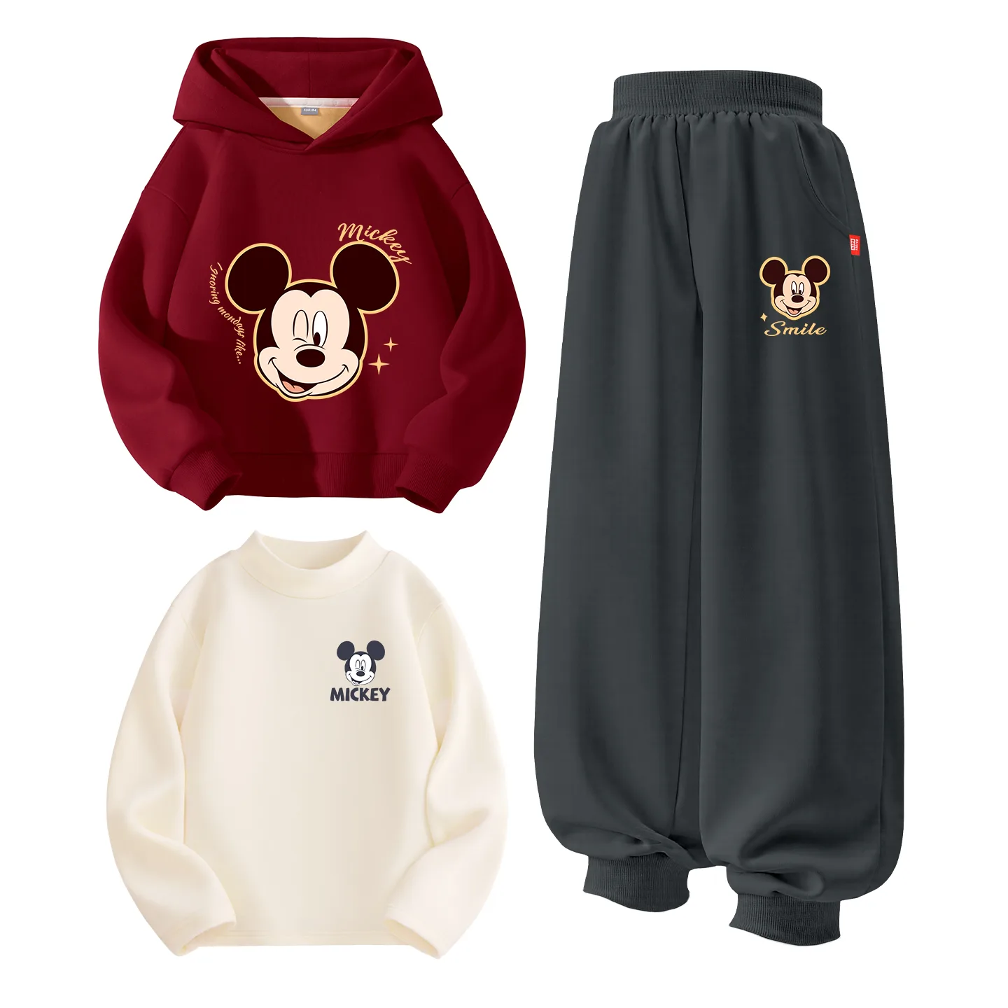 Детская повседневная спортивная одежда утепленная Disney, [Thickened and Fleece-Lined Three-Piece Set]Dich Star Burgundy+Dich Celebration K Graphite Gray+Dich Big Smile K Milk White