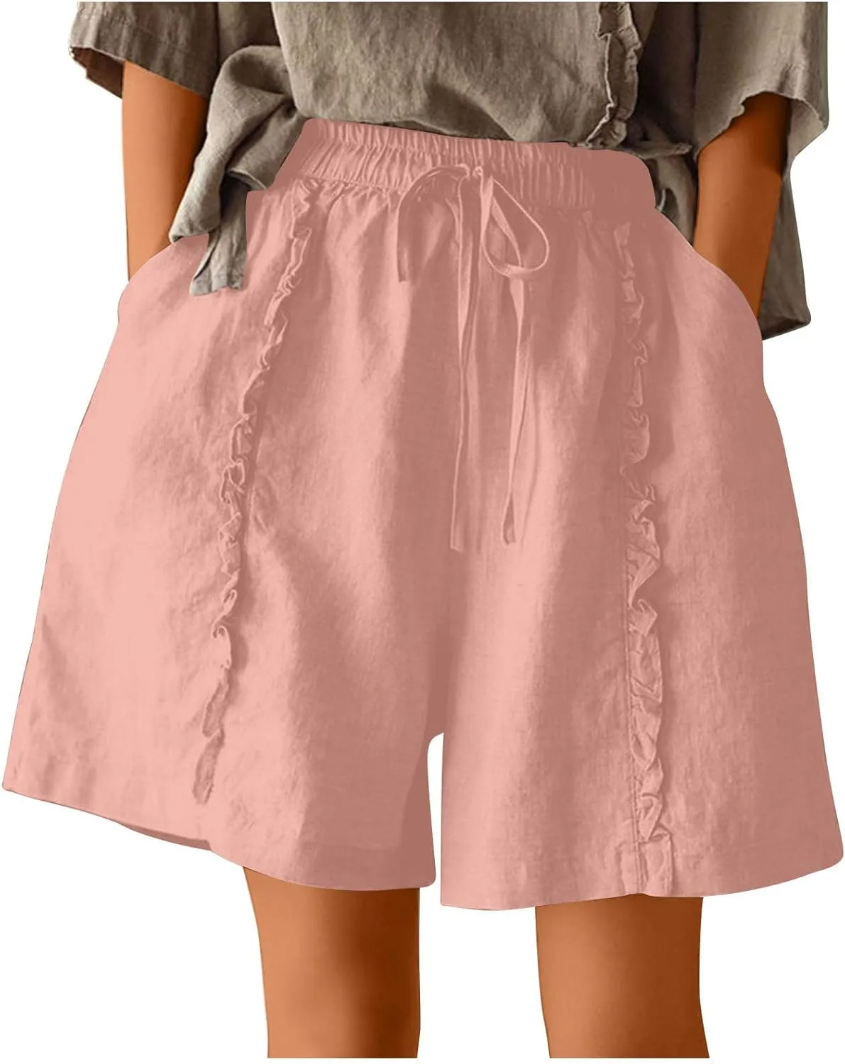 

Бермуды женские Linen Pleated Jacquard с высокой талией и шнурком Shiyingl