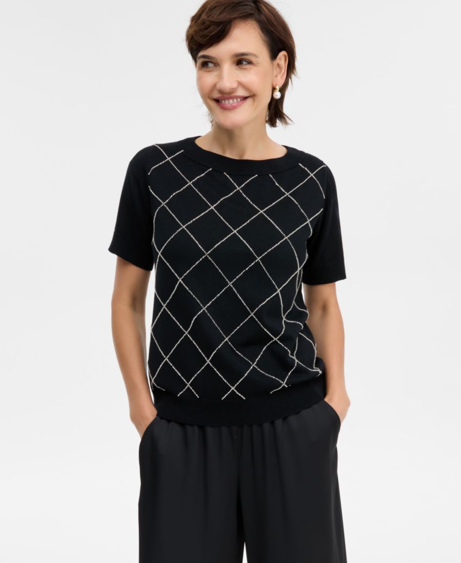 

Женский свитер с короткими рукавами и декором, эксклюзивно от Macy's JM Collection, Deep Black