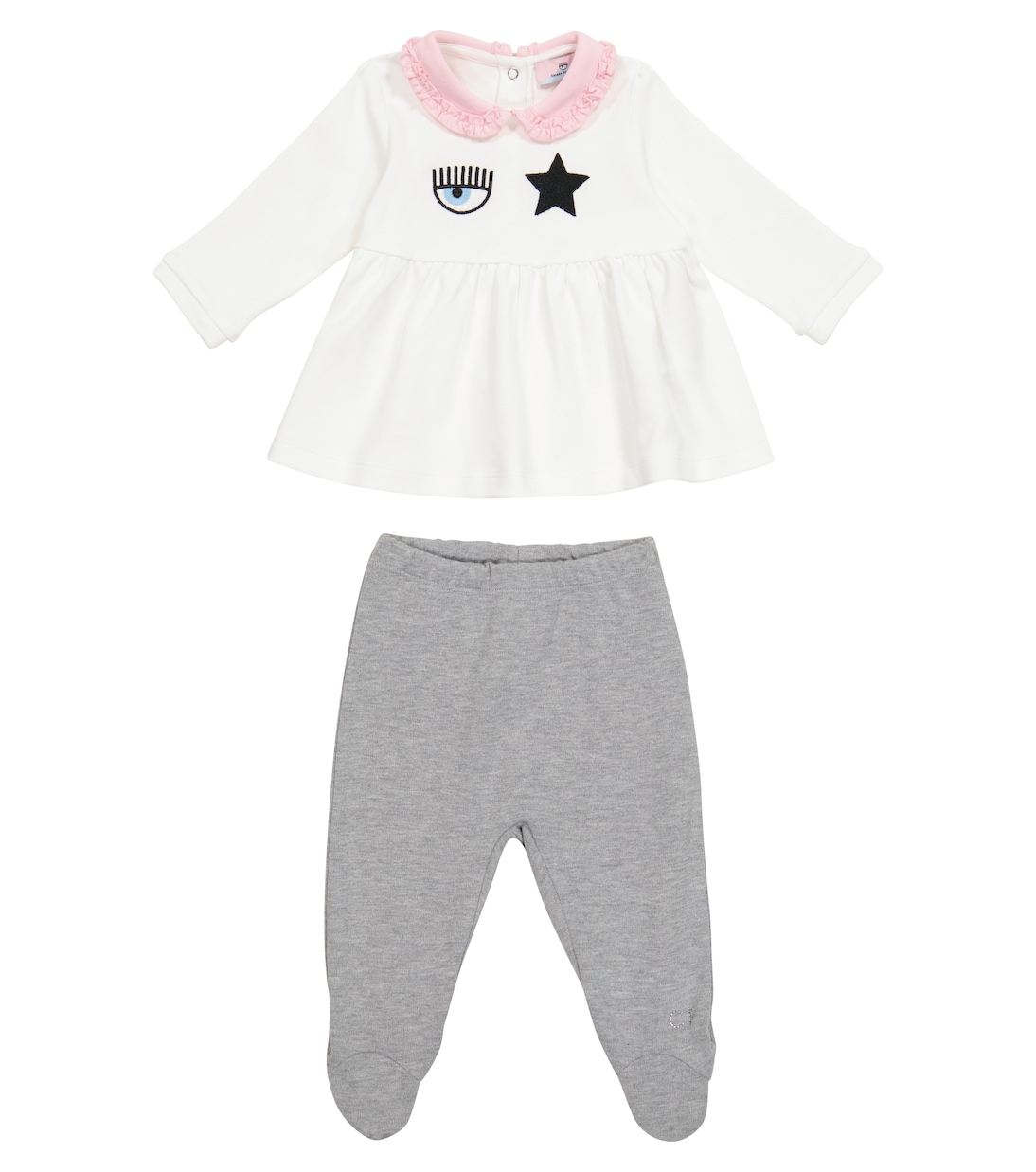 

Комплект из хлопковой блузки и брюк Chiara Ferragni Baby Eyestar Monnalisa, Panna+Grigio