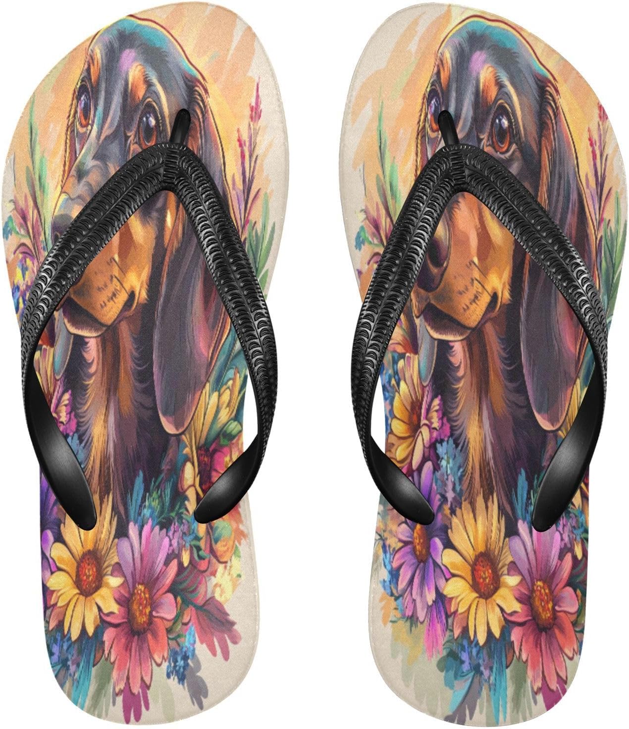 

Мужские и женские шлепанцы с цветочным рисунком таксы, бежевые, пляжные, резиновые, с нескользящей подошвой, летние тапочки для душа и прогулок Sinestour