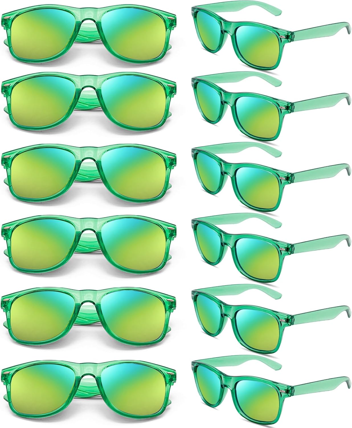 

Оптовая продажа солнцезащитных очков в стиле ретро 80-х/90-х годов с неоновыми элементами, прозрачной оправой и зеркальными линзами, в упаковке 12/24 штуки, для мужчин и женщин Geopty, 12 Green